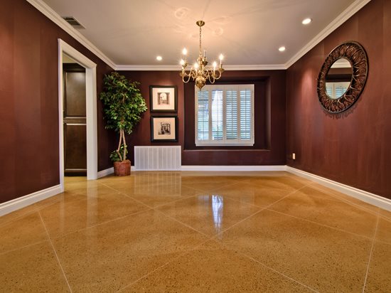 混凝土，地板，客厅，钻石，Tan混凝土地板